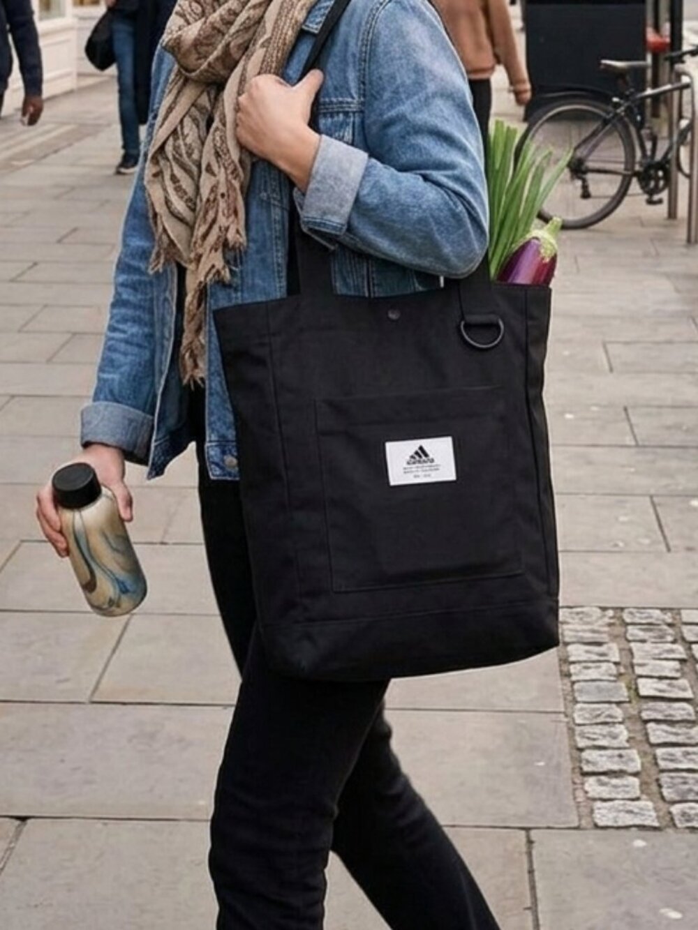 adidas Black Canvas Tote with Front Patch Logo